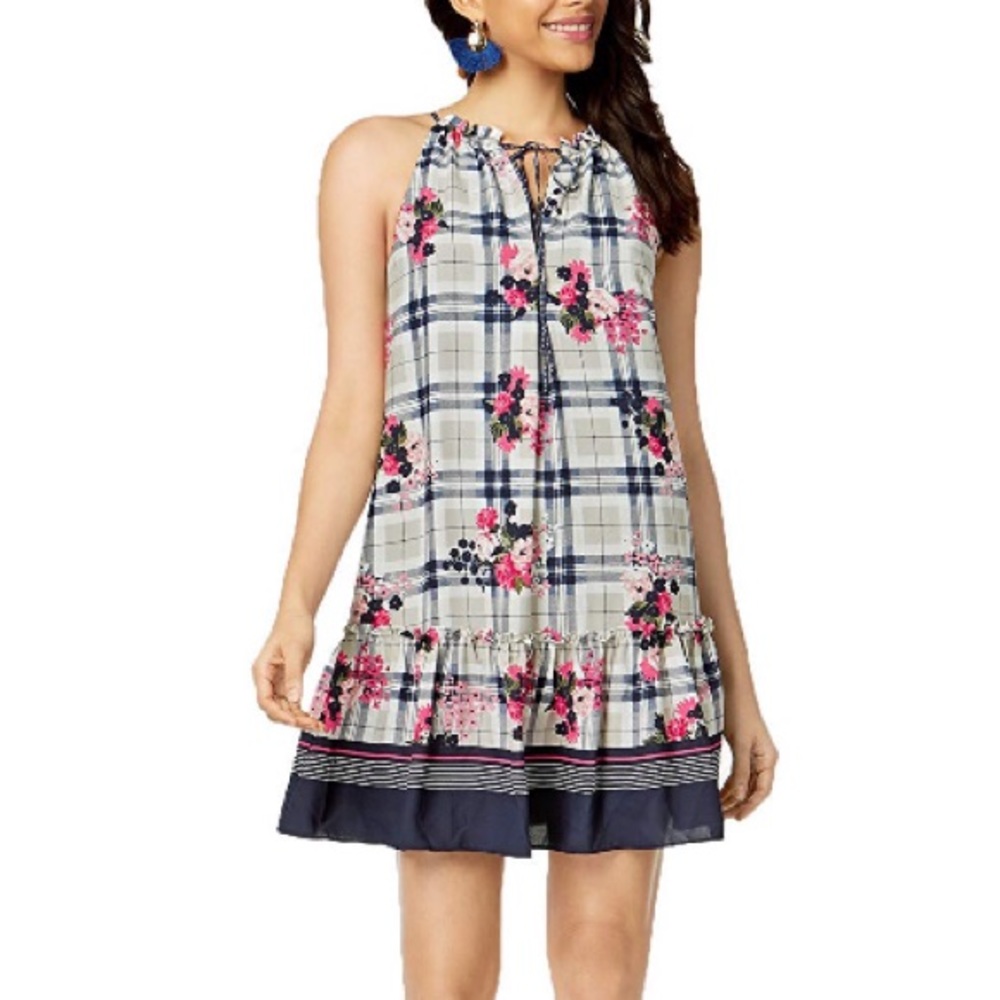 Maison Jules plaid floral ruffle mini dress small